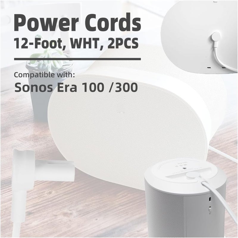 Rolkely (2-Pack) Long Power Cords Compatible with Sonos Era 100 and Era 300 Speakers, Extended Reach, Enhanced Flexibility, and Durability, Secure Connection (12-Foot) (White) - Image 2